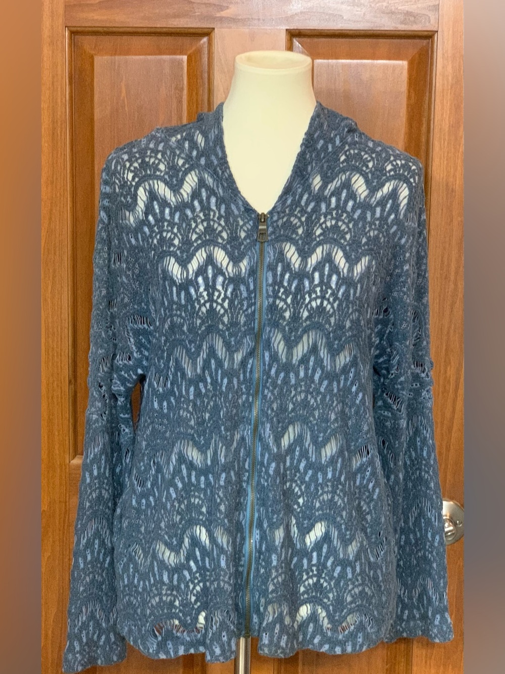 XCVI Open-Knit Wave Lace Boho Hooded Zip Cardigan Jacket